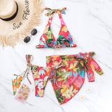 Traje de baño de 3 piezas con espalda descubierta, cuello halter, cordón ajustable y estampado floral 