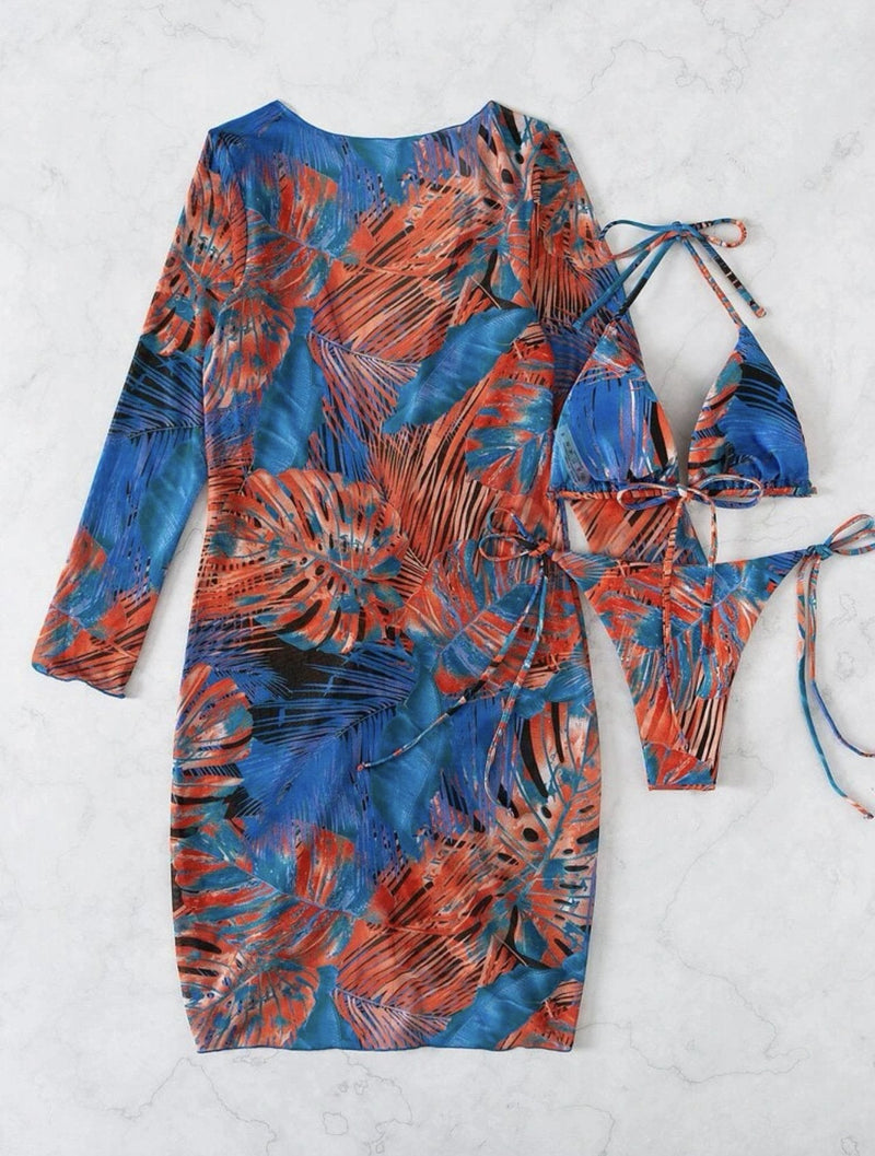 Maillot de bain 3 pièces à manches longues et col licou avec cordon de serrage en maille et imprimé contrasté 