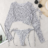 Maillot de bain 3 pièces léopard à manches longues et col licou contrasté 