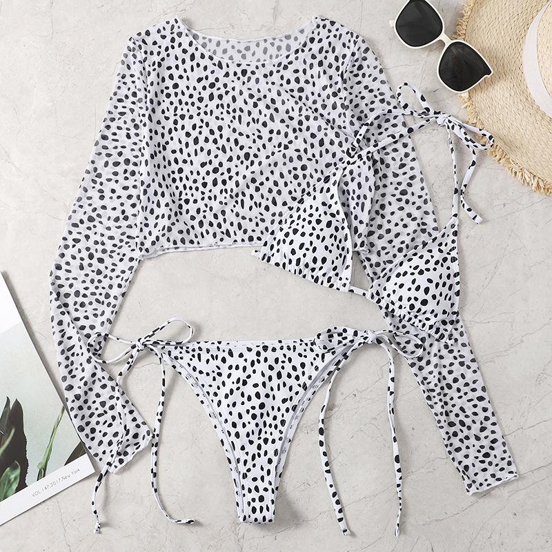 Maillot de bain 3 pièces léopard à manches longues et col licou contrasté 