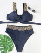 Traje de baño bikini con abertura y lazo cruzado en contraste en la parte delantera 