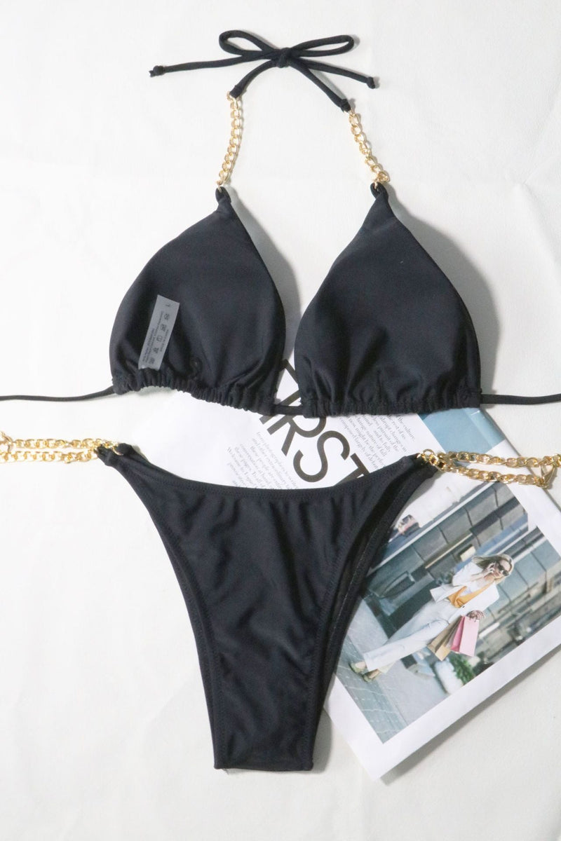 Traje de baño bikini con relleno y lazo en la parte delantera, de cadena metálica sólida
