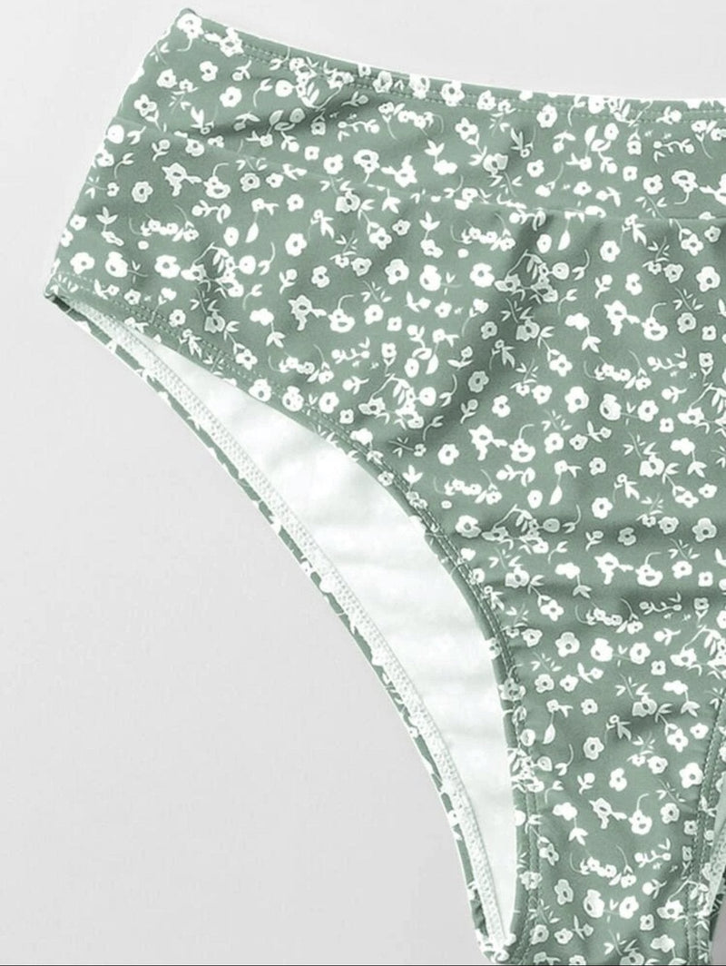 Traje de baño bikini sin mangas con cuello en V y estampado de flores 