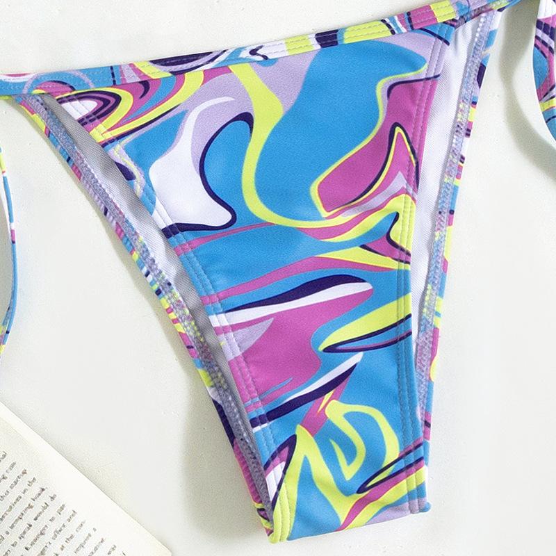 Maillot de bain 3 pièces à imprimé contrasté, dos nu ajouré et noué à la taille 