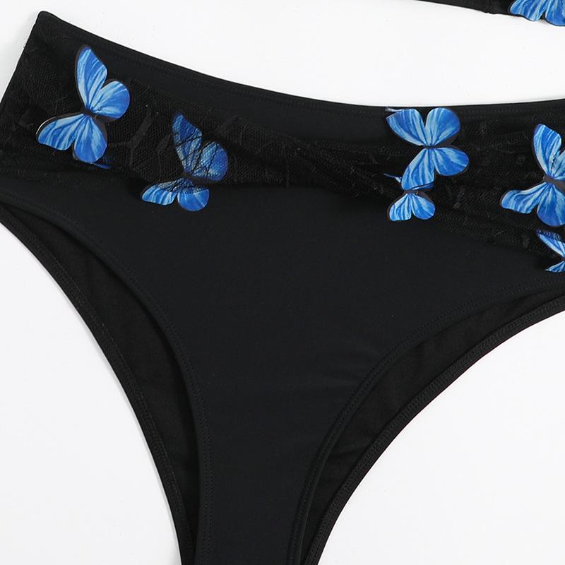 Maillot de bain bikini irrégulier à une épaule avec appliques papillon et ourlet en dentelle 