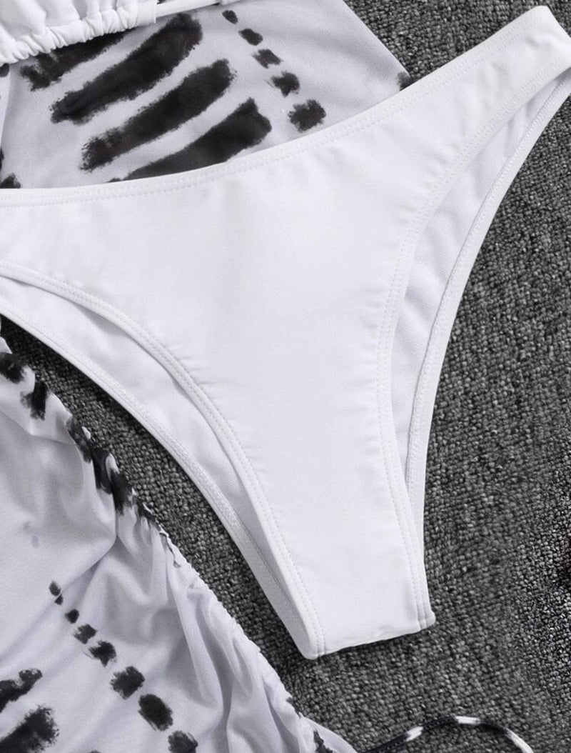 Maillot de bain 3 pièces à manches longues et col licou en maille avec cordon de serrage 