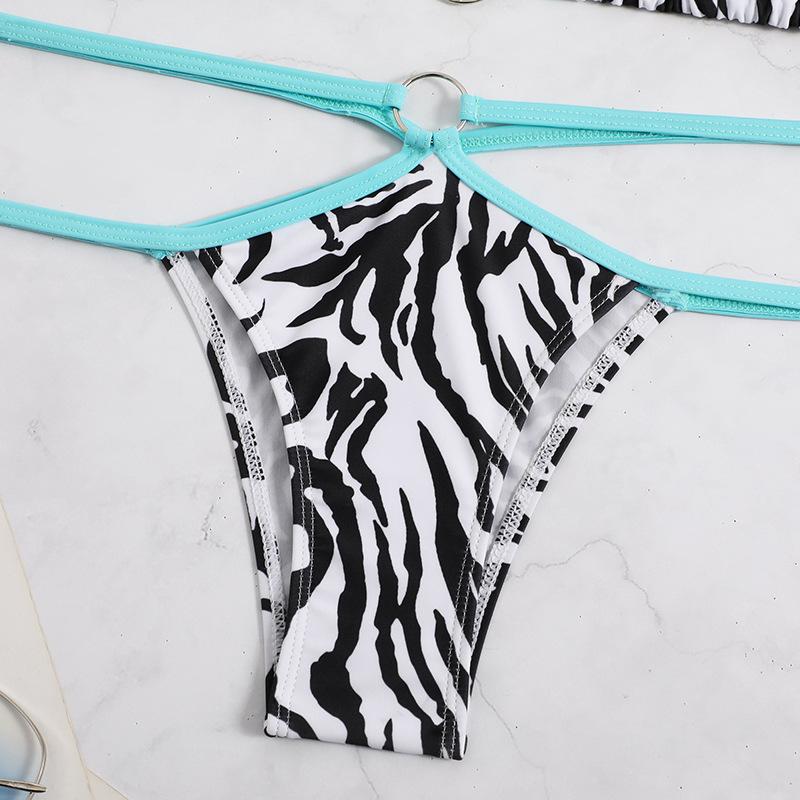 Traje de baño bikini sin espalda con contraste y anilla en O con estampado de cebra 