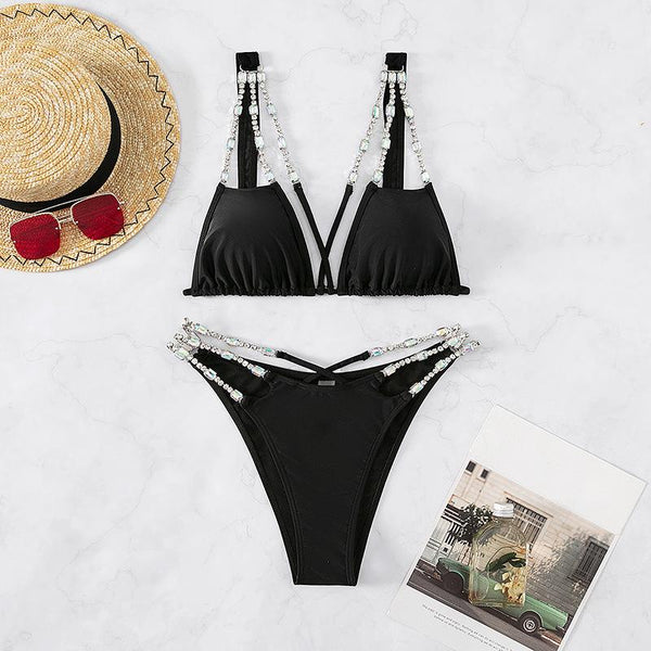 Traje de baño bikini con lazo en la espalda, sin espalda y con cadena de diamantes de imitación 