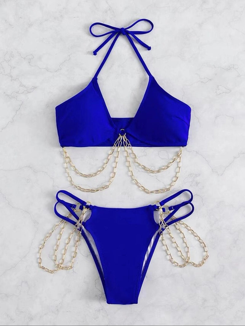 Traje de baño bikini con cuello halter, hueco, acolchado y cadena de metal, con lazo automático 