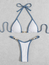 Maillot de bain bikini dos nu à chaîne métallique contrastante 