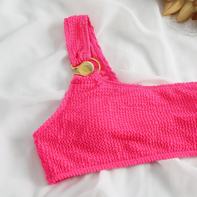 Maillot de bain une pièce texturé contrasté à une épaule et anneau en O ajouré 