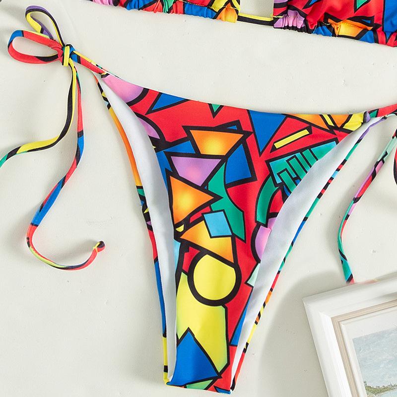 Maillot de bain 3 pièces dos nu à imprimé contrasté et à nouer soi-même 