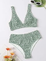 Traje de baño bikini sin mangas con cuello en V y estampado de flores 
