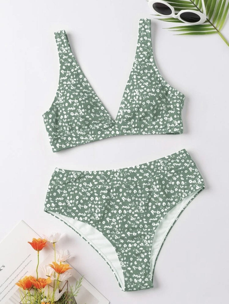 Traje de baño bikini sin mangas con cuello en V y estampado de flores 