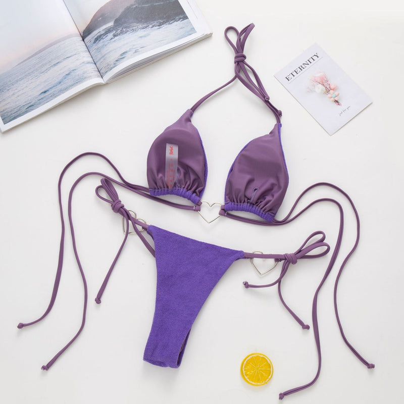 Traje de baño bikini sin espalda con aro o lazo sólido estilo halter 