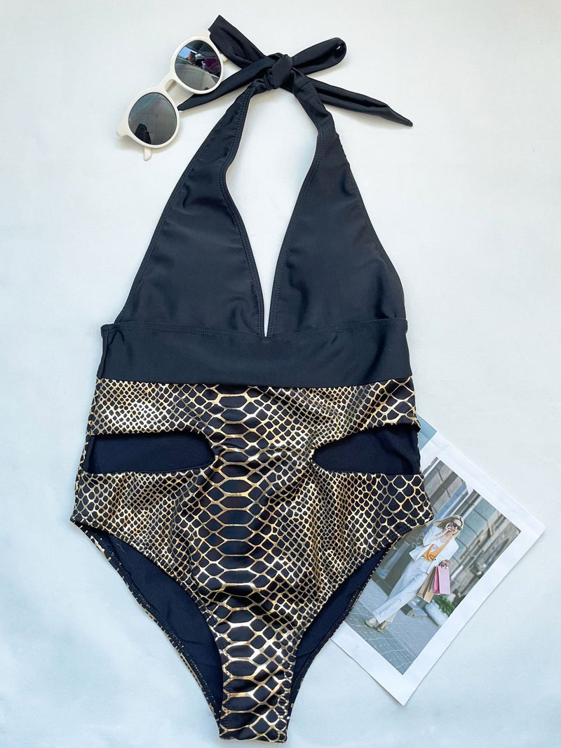 Traje de baño de una pieza con cuello en V, acolchado, estilo halter, de piel de serpiente, ahuecado 