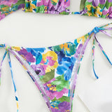 Traje de baño de 3 piezas con cuello halter, manga larga y estampado floral de malla en contraste 