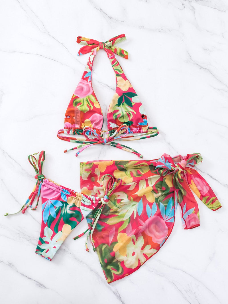 Traje de baño de 3 piezas con espalda descubierta, cuello halter, cordón ajustable y estampado floral 