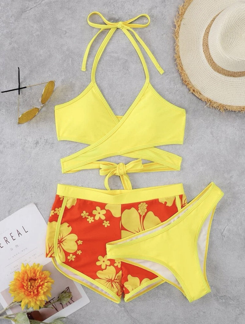 Maillot de bain 3 pièces à licou contrasté, croisé sur le devant, ajouré, à nouer soi-même 