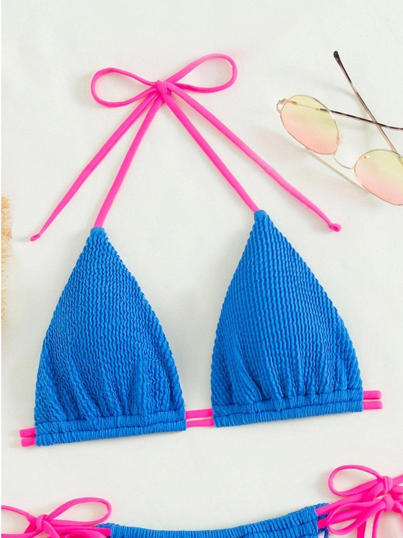 Maillot de bain bikini texturé à nouer et à licou contrasté 
