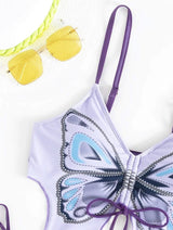 Maillot de bain bikini à motif papillon avec cordon de serrage contrasté et noué à la taille 
