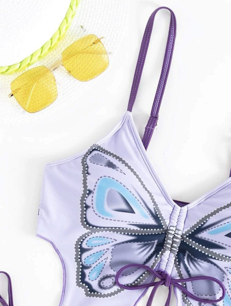 Maillot de bain bikini à motif papillon avec cordon de serrage contrasté et noué à la taille 