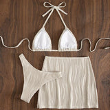 Maillot de bain 3 pièces avec mini-jupe rembourrée texturée à nouer et à licou 