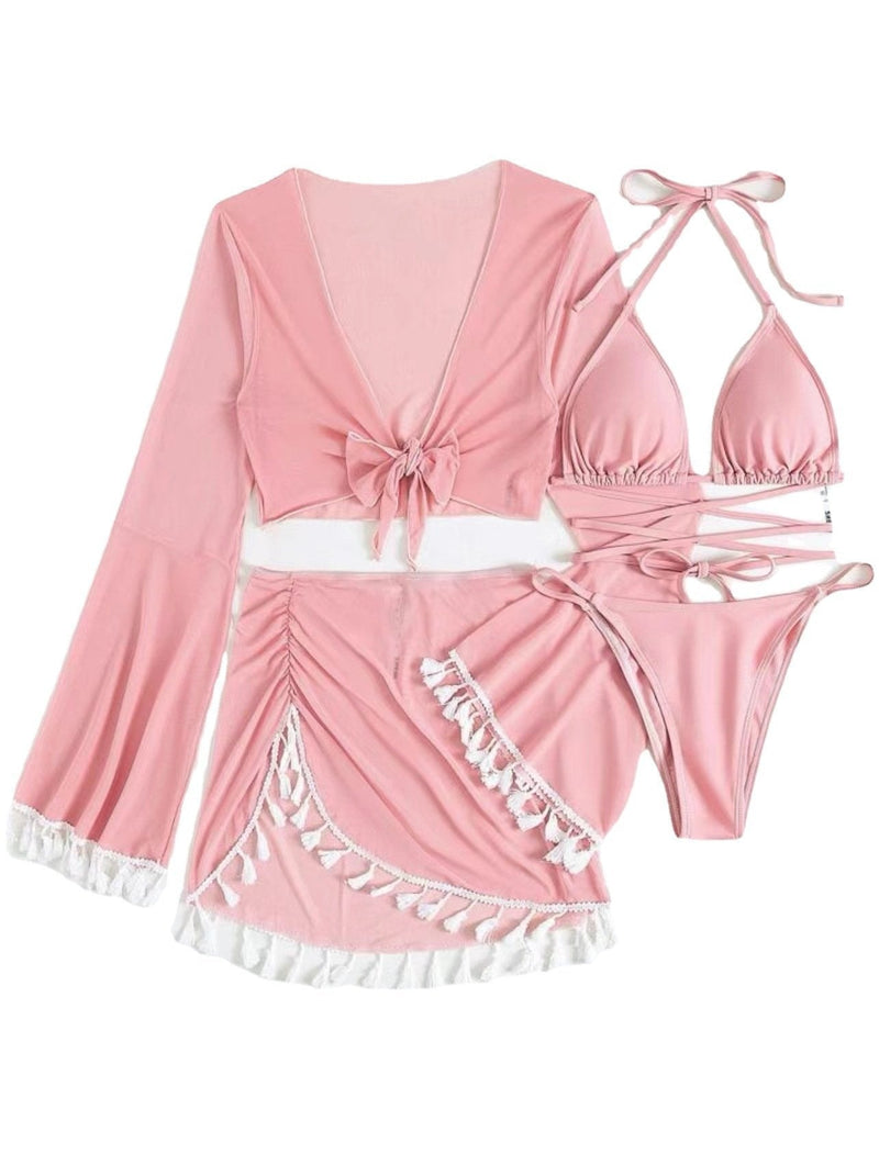 Traje de baño de 4 piezas con cuello halter, acolchado, fruncido y lazo anudado. 