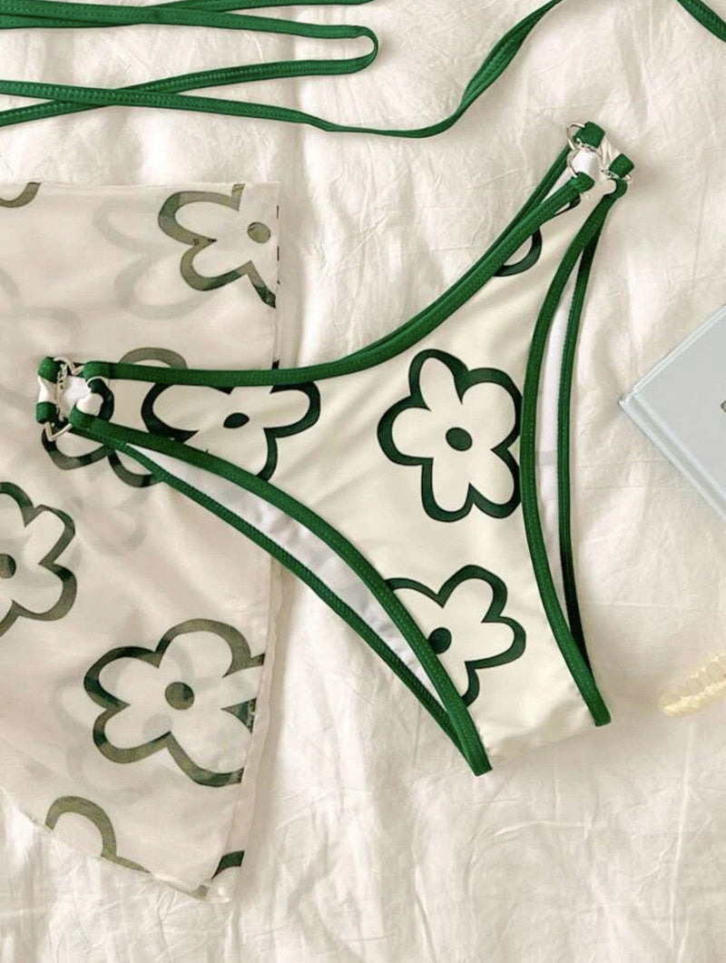 Traje de baño de 3 piezas con cuello halter, acolchado y con lazos en el cuello, estampado floral en contraste 