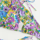 Traje de baño de 3 piezas con cuello halter, manga larga y estampado floral de malla en contraste 