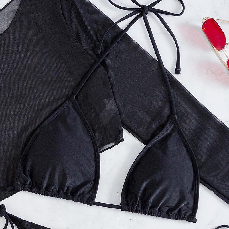 Maillot de bain 3 pièces uni à manches longues et col licou en maille 