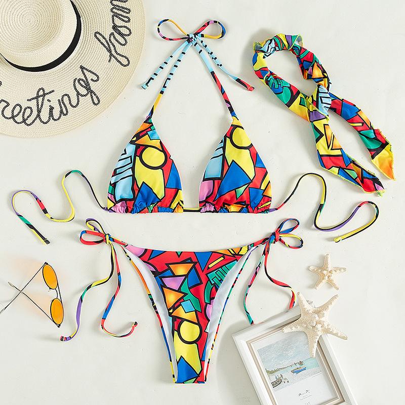 Maillot de bain 3 pièces dos nu à imprimé contrasté et à nouer soi-même 