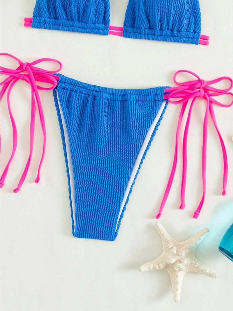 Maillot de bain bikini texturé à nouer et à licou contrasté 