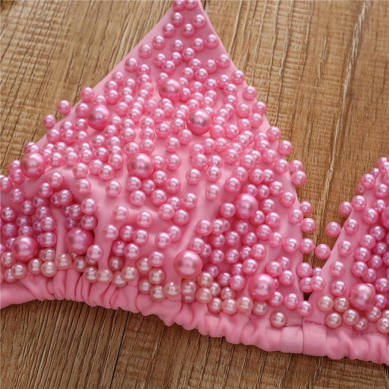 Traje de baño bikini con cuello halter de perlas, sin espalda, liso, con lazo 