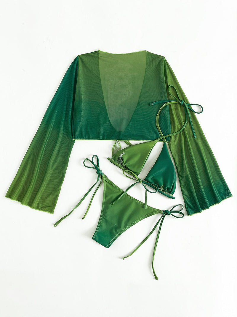 Maillot de bain 3 pièces en maille à manches longues et col licou dégradé 