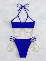 Traje de baño bikini con cuello halter, hueco, acolchado y cadena de metal, con lazo automático 