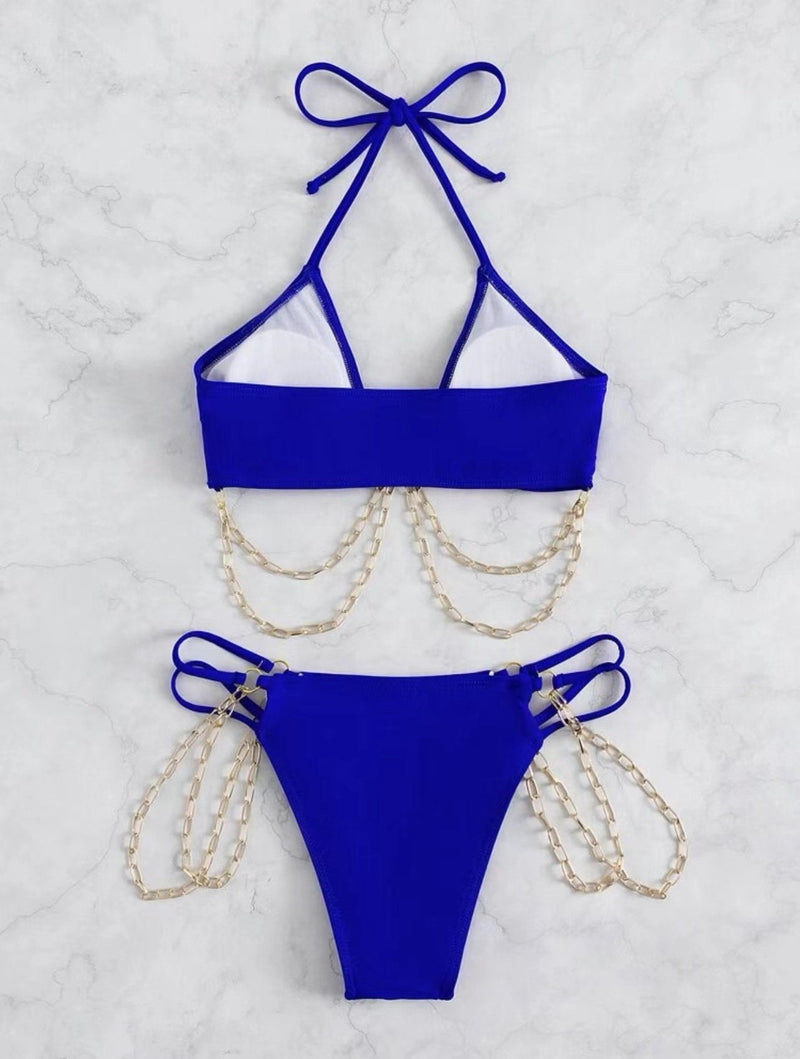 Traje de baño bikini con cuello halter, hueco, acolchado y cadena de metal, con lazo automático 