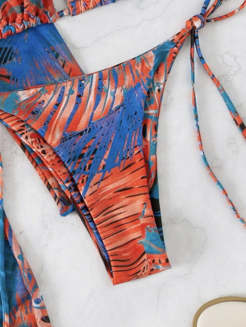 Maillot de bain 3 pièces à manches longues et col licou avec cordon de serrage en maille et imprimé contrasté 