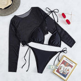 Maillot de bain 3 pièces uni à manches longues et col licou en maille 