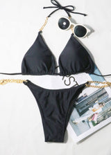 Traje de baño bikini con relleno y lazo en la parte delantera, de cadena metálica sólida