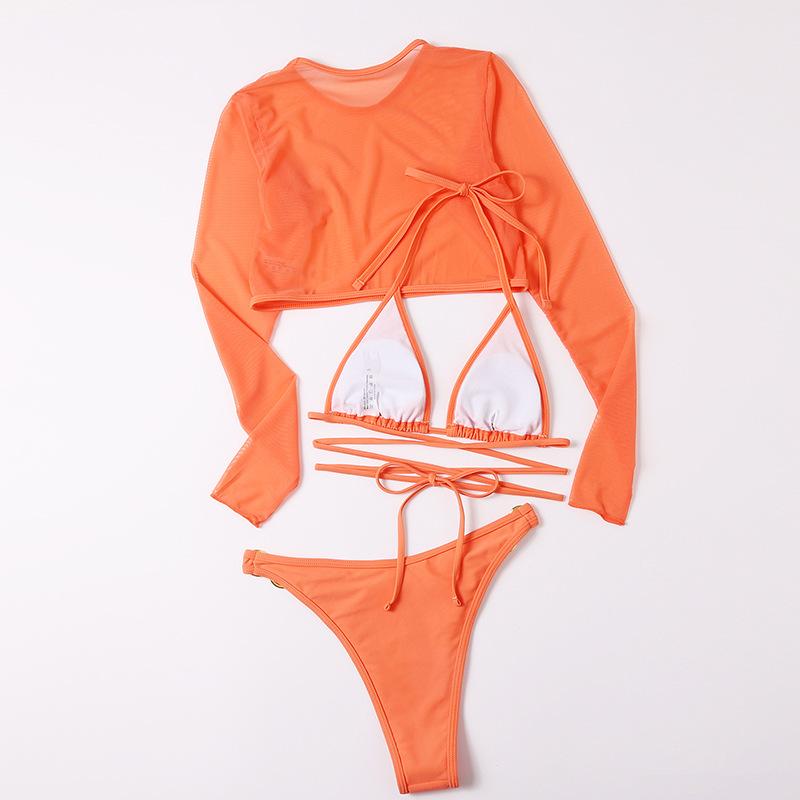 Maillot de bain 3 pièces en maille solide, rembourré, avec anneau en O et lien à nouer, croisé sur le devant 