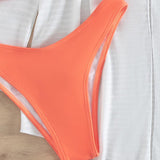 Traje de baño de 4 piezas de gasa con manga larga, cuello halter y lazo en contraste 