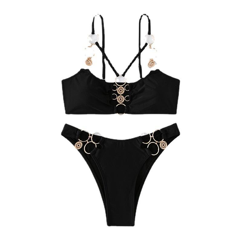 Traje de baño bikini con cadena de metal y anillo en O hueco 