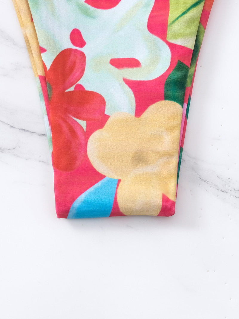 Traje de baño de 3 piezas con espalda descubierta, cuello halter, cordón ajustable y estampado floral 