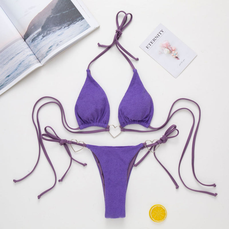Traje de baño bikini sin espalda con aro o lazo sólido estilo halter 