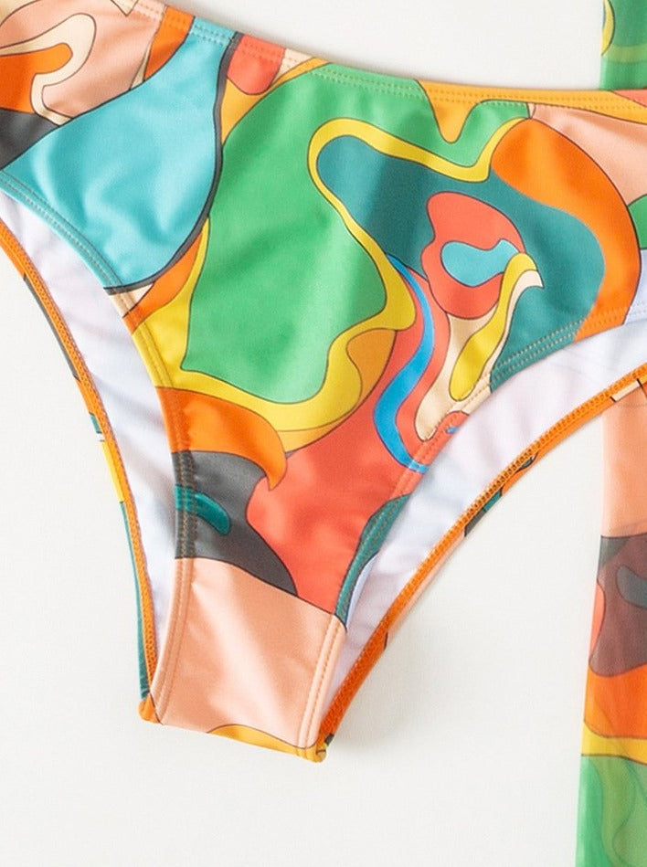 Maillot de bain 3 pièces en maille à imprimé contrasté, dos nu et noué 