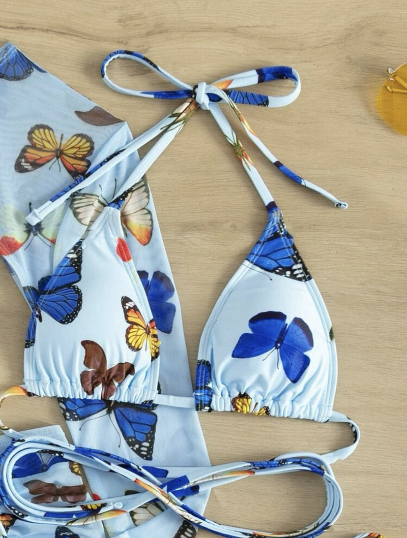 Conjunto de traje de baño de 4 piezas con falda con cordón y estampado de mariposas en contraste 
