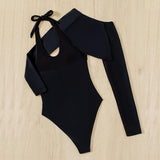 Maillot de bain une pièce uni à manches longues et col en U avec cache-maillot 