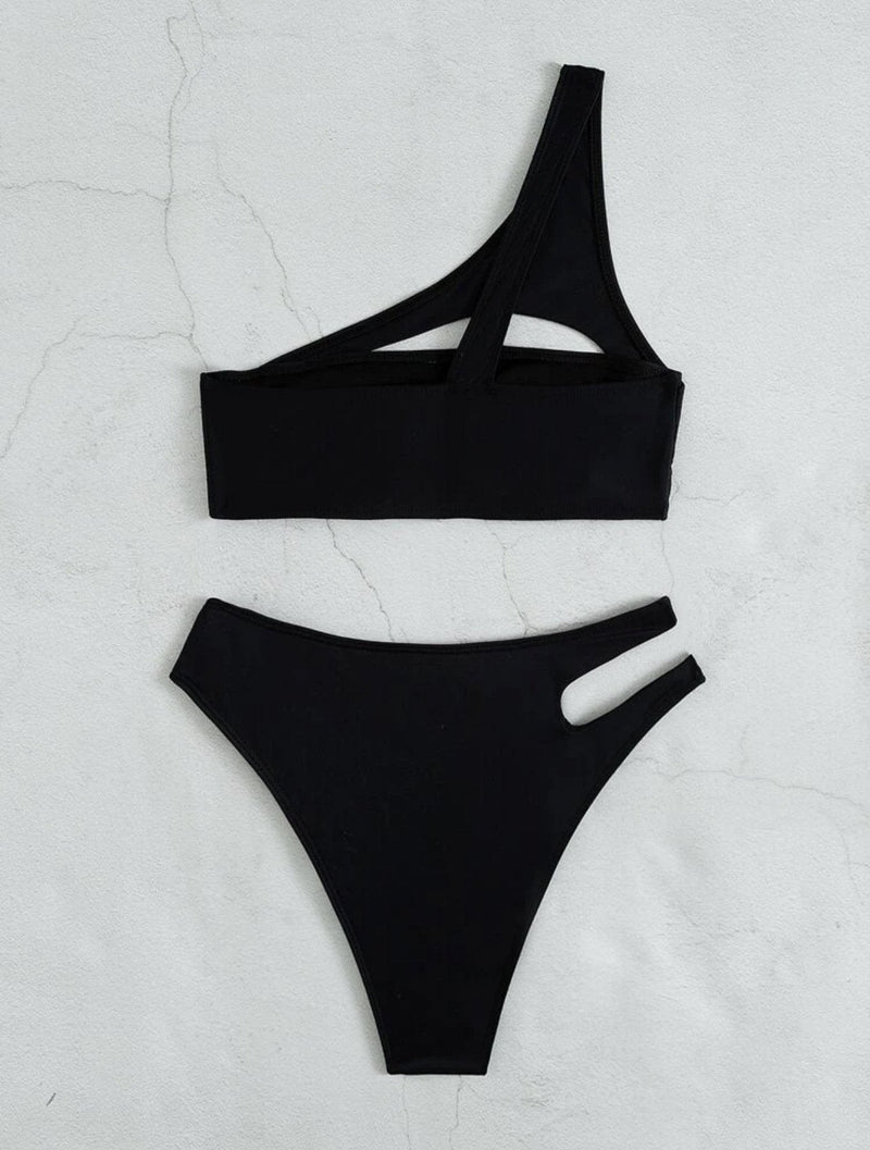 Traje de baño bikini de un solo hombro con agujeros sólidos 