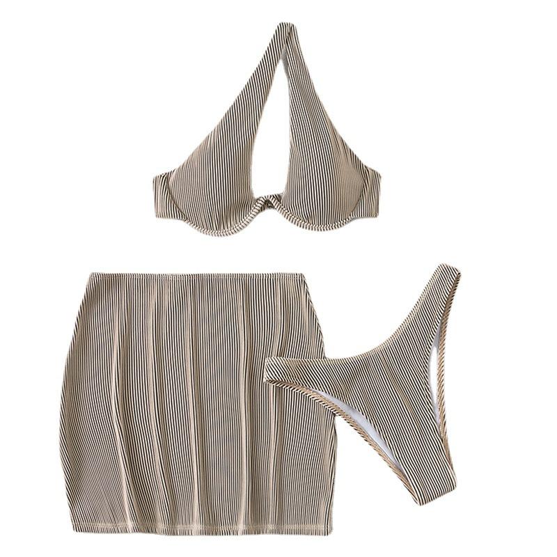 Traje de baño de 3 piezas con botones irregulares, liso y ahuecado con un solo hombro 